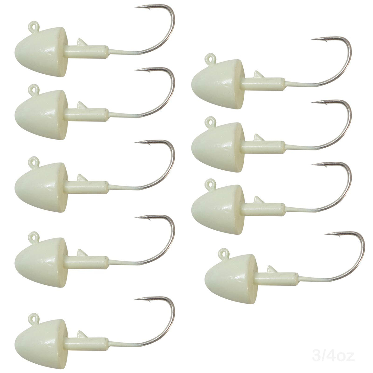 Fish WOW! glow bullet jig head 9pc set with glow coating for low-light fishing.