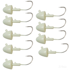 Fish WOW! glow bullet jig head 9pc set with glow coating for low-light fishing.