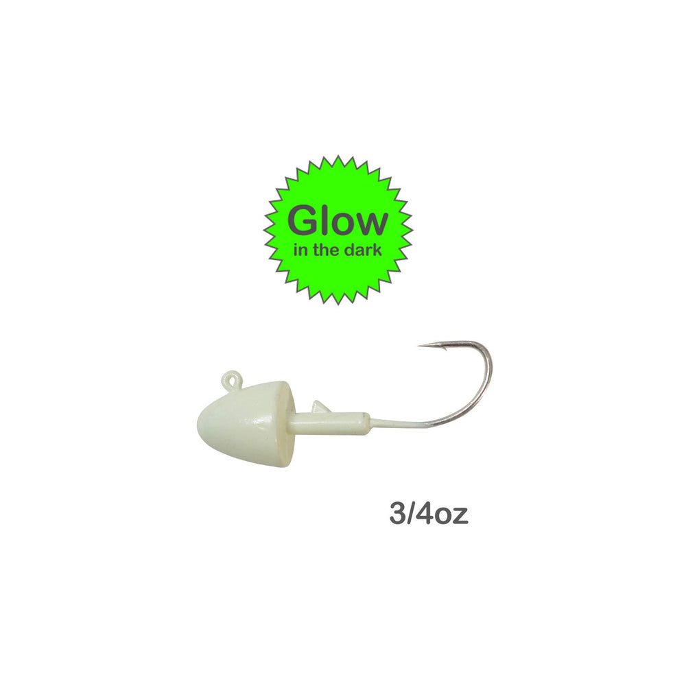 Fish WOW! glow-in-the-dark jig head demonstrating improved visibility in low light.