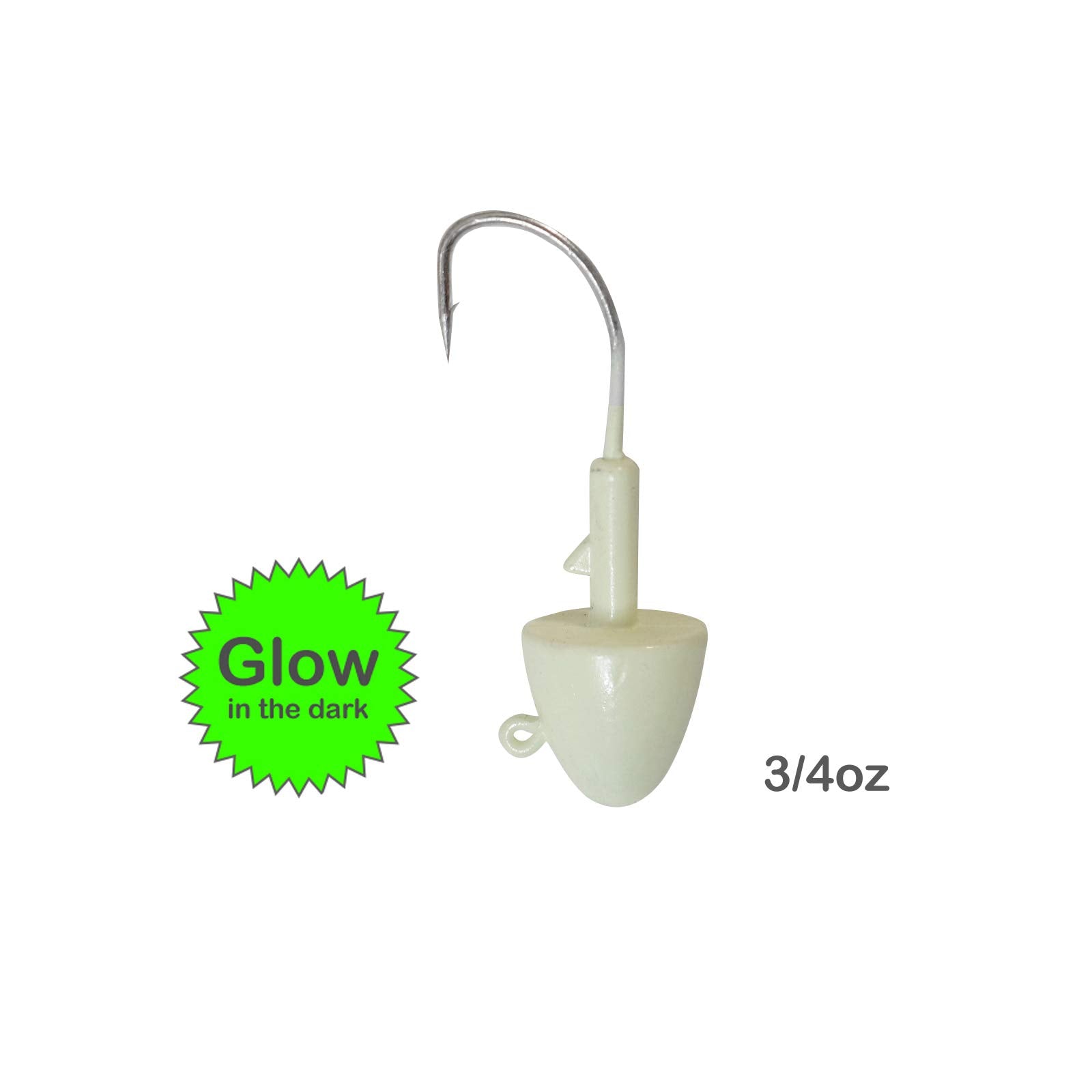 Fish WOW! glow bullet jig head close-up shows 0.75oz weight and sturdy design.