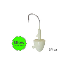 Fish WOW! glow bullet jig head close-up shows 0.75oz weight and sturdy design.