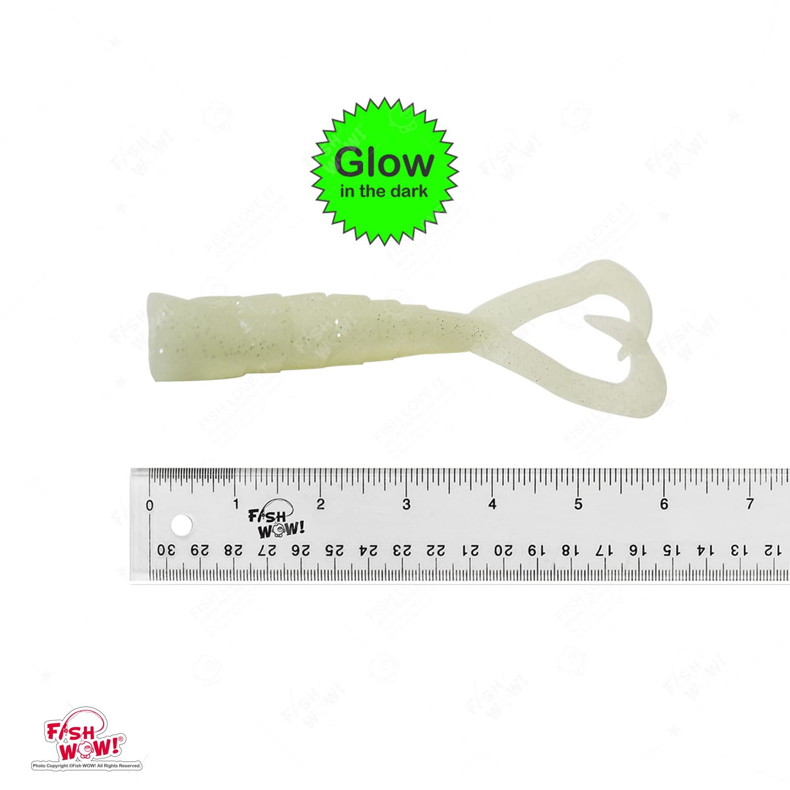 Fish WOW! Glow-dark lure close-up highlights vivid nighttime visibility.