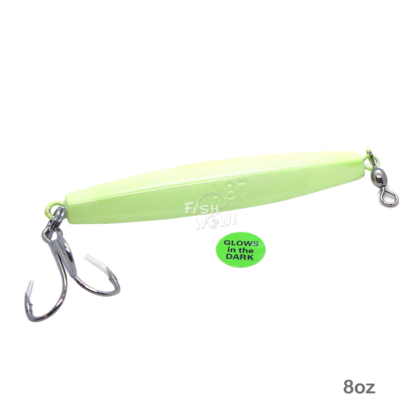 Fish WOW Glow Diamond Jig 8oz in water shows fast vertical drop
