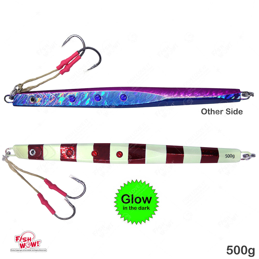 Fish WOW glow speed knife jig color B side view shows holographic finish