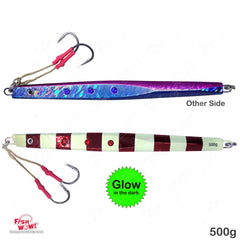 Fish WOW glow speed knife jig color B side view shows holographic finish