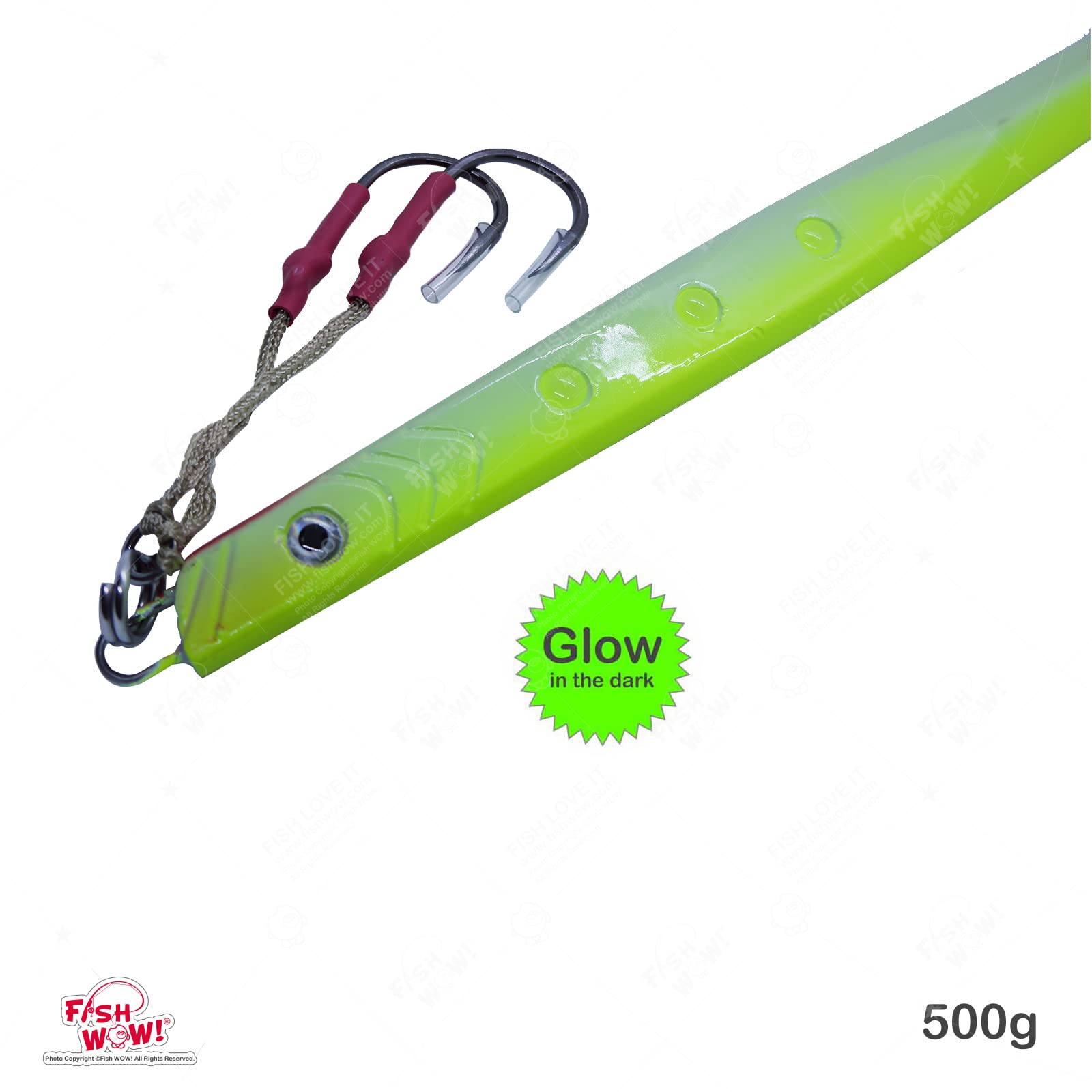 Fish WOW glow speed knife jig color C side view reveals dual-hook setup