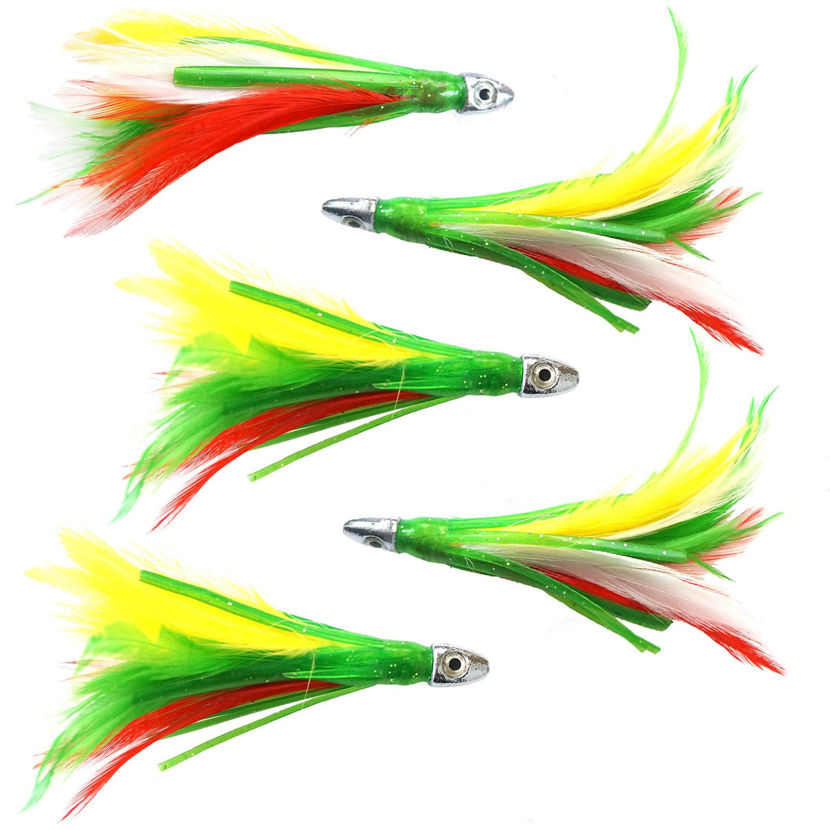 Fish WOW! mini-feather 4in head chrome for high visibility during trolling.