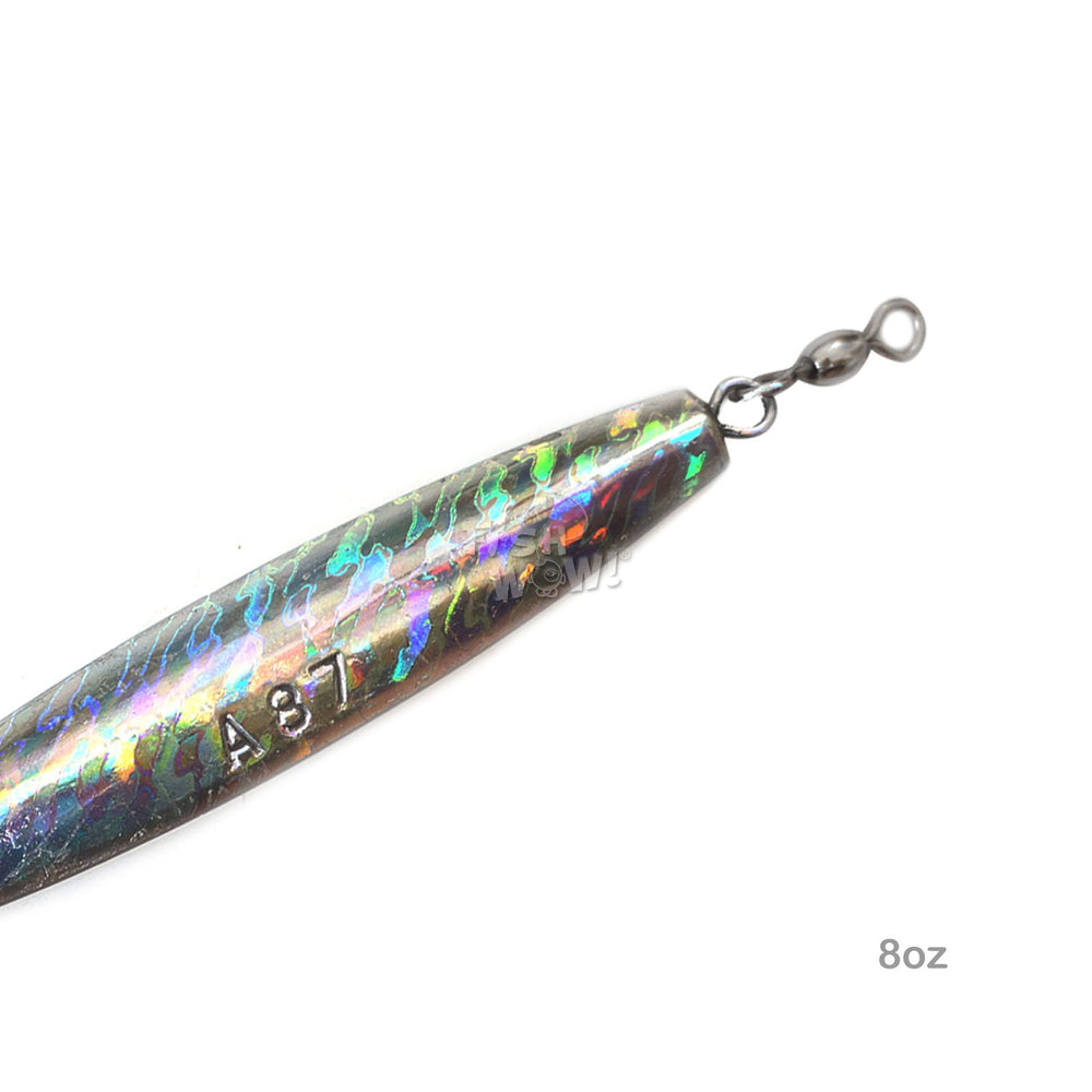Fish WOW Mylar Holographic Laser Jig 8oz closeup of holographic surface