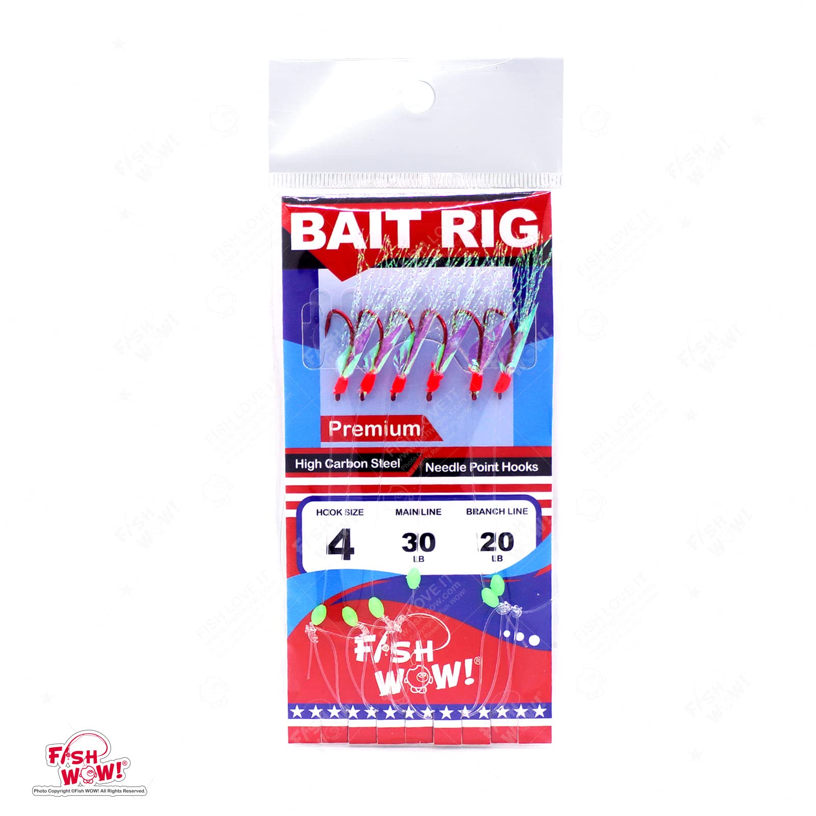 Fish WOW! red hook rig closeup hooks highlights durable hooks ready for small baitfish.