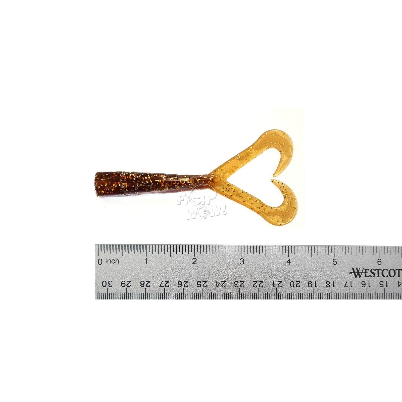 Fish WOW Root Beer twin-tail perch grub 4-inch, compact jigging option.