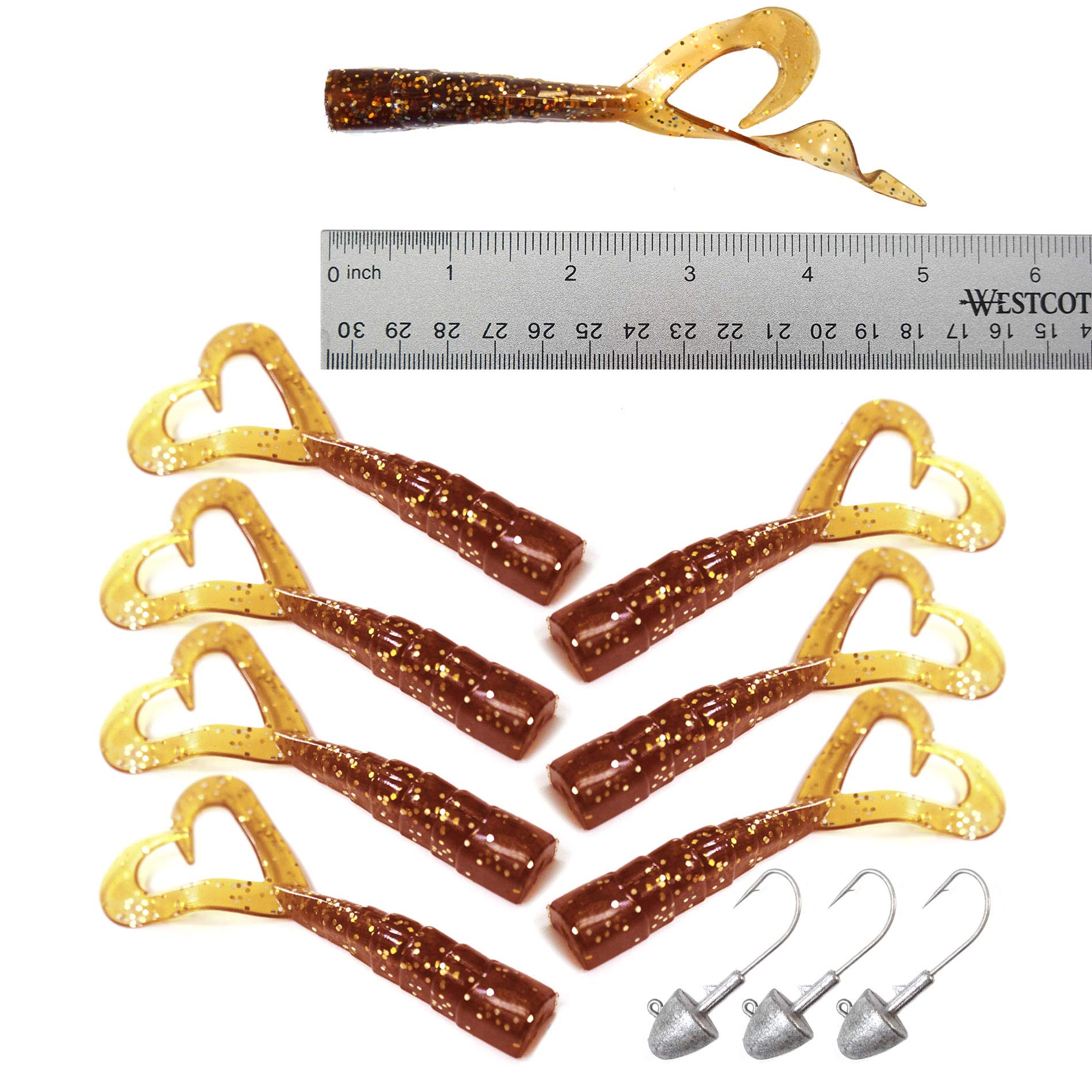 Fish WOW Root Beer twin-tail perch grub 5-inch extended, versatile surface action.