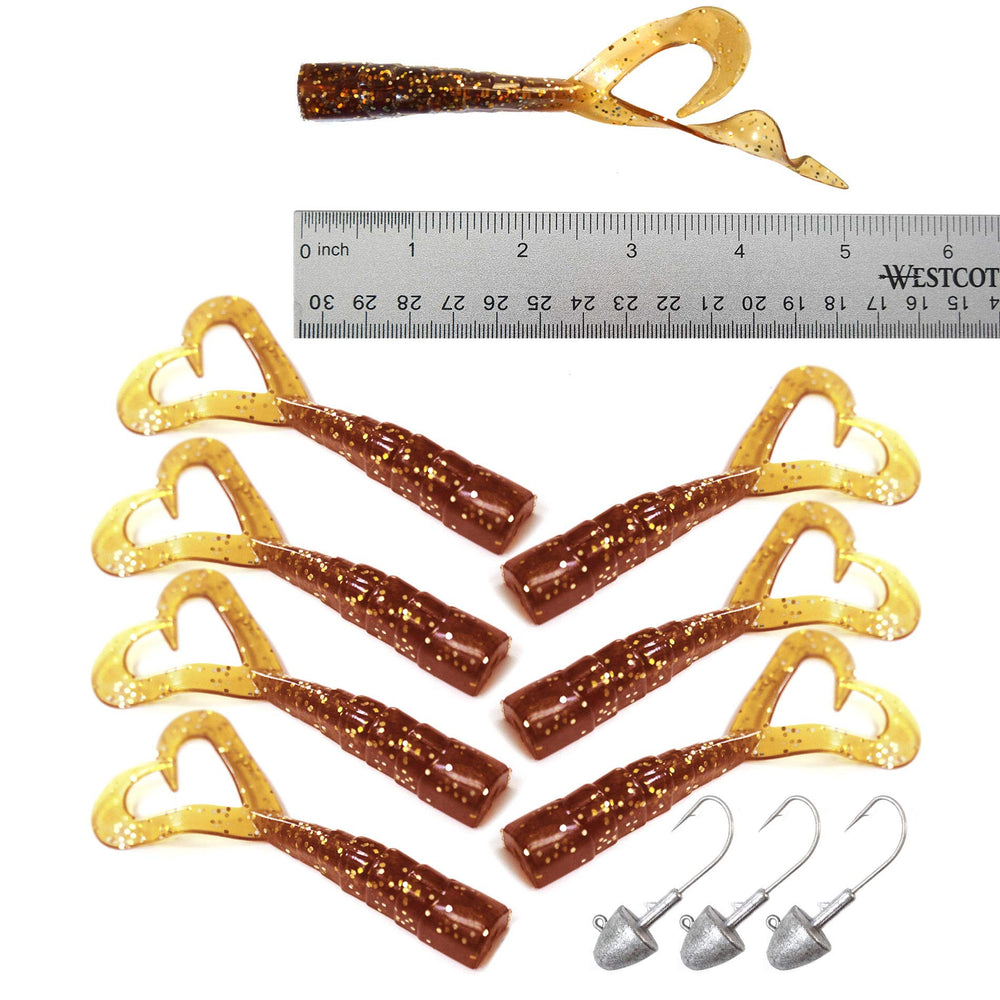 Fish WOW Root Beer twin-tail perch grub 5-inch extended, versatile surface action.