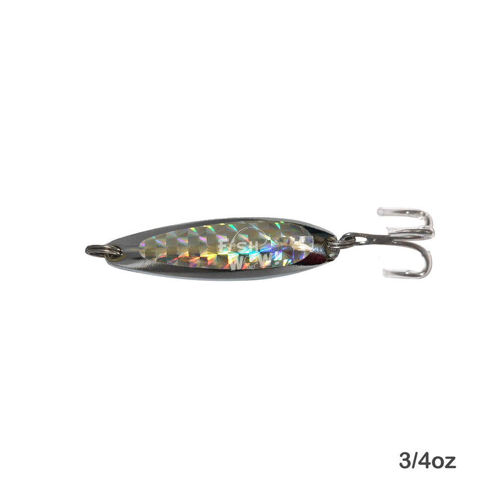 Fish WOW! spoon lure treble hook close-up highlights action and strength.