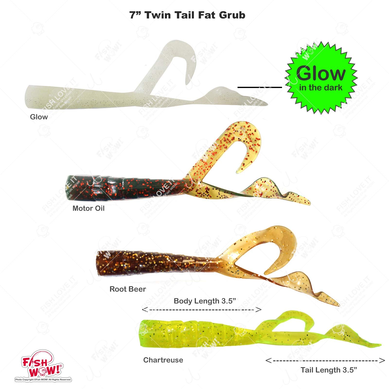 Fish WOW Twin Tail Perch Grub chartreuse, angle close-up showing jig head setup options.