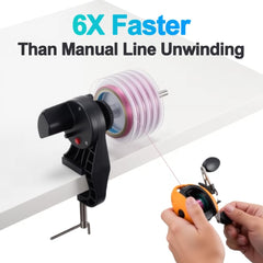 Fishafy line winder secured to a boat rail for quick field spooling