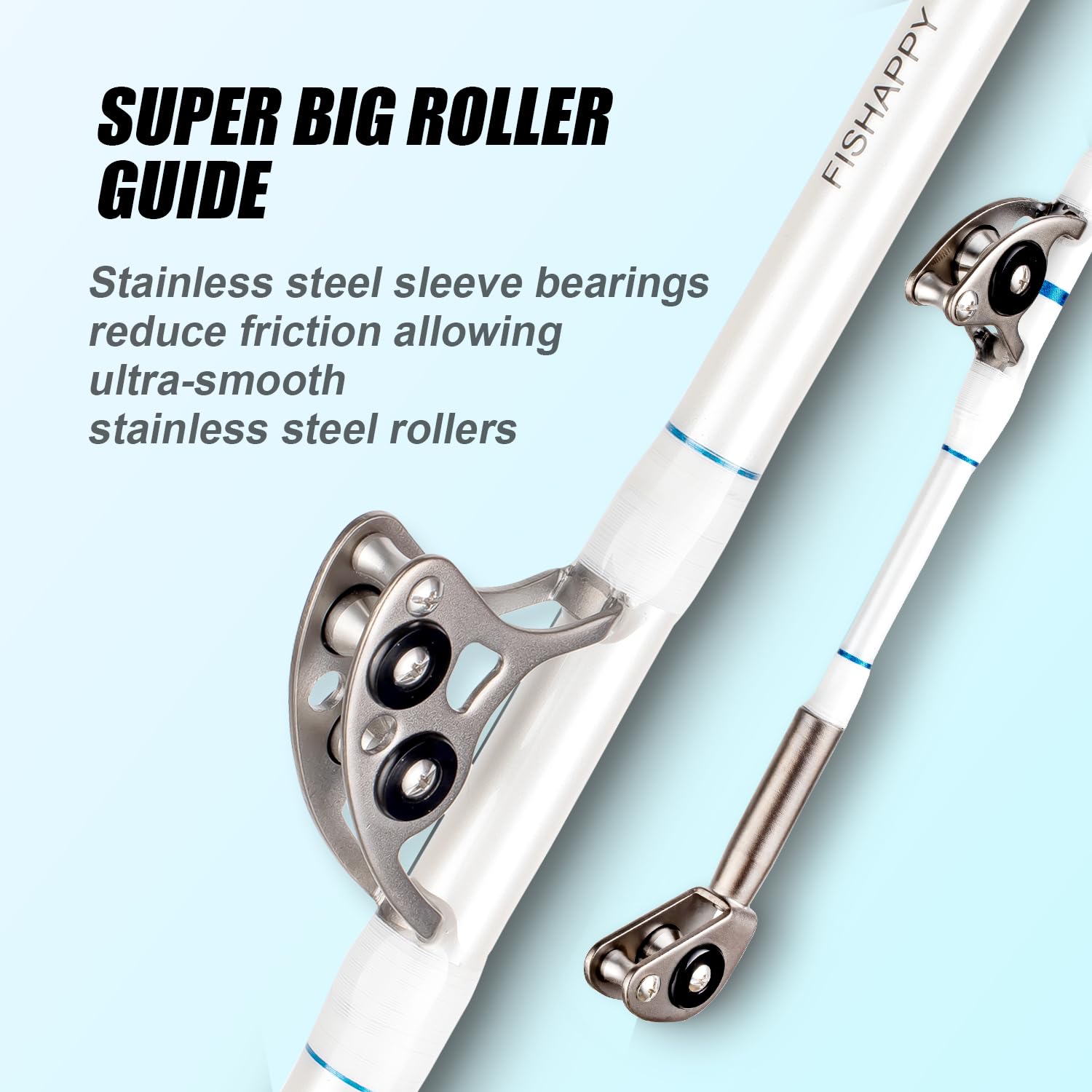 Big game conventional boat rod with roller guides for standup fishing