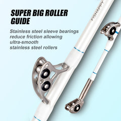 Big game conventional boat rod with roller guides for standup fishing
