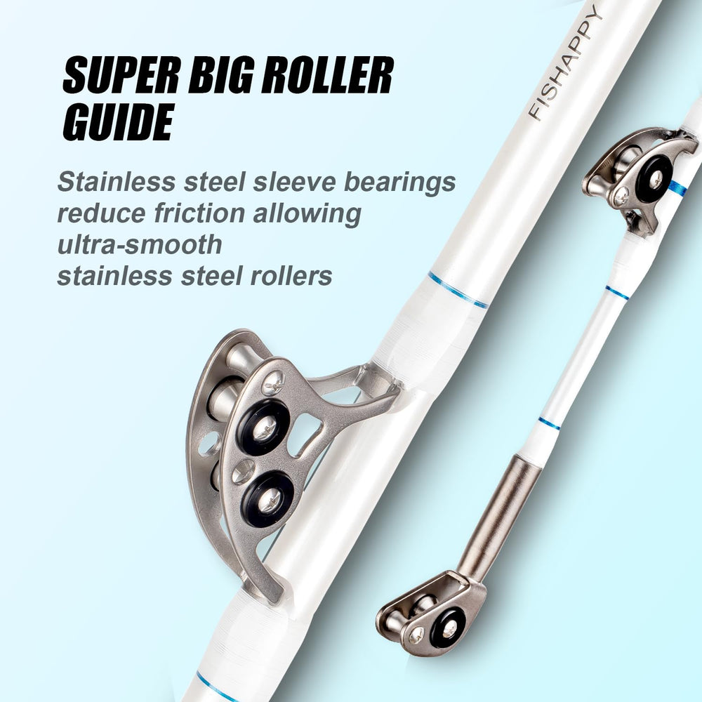 FISHAPPY big-game conventional boat rod showcases roller guides for smooth line control in rough seas.