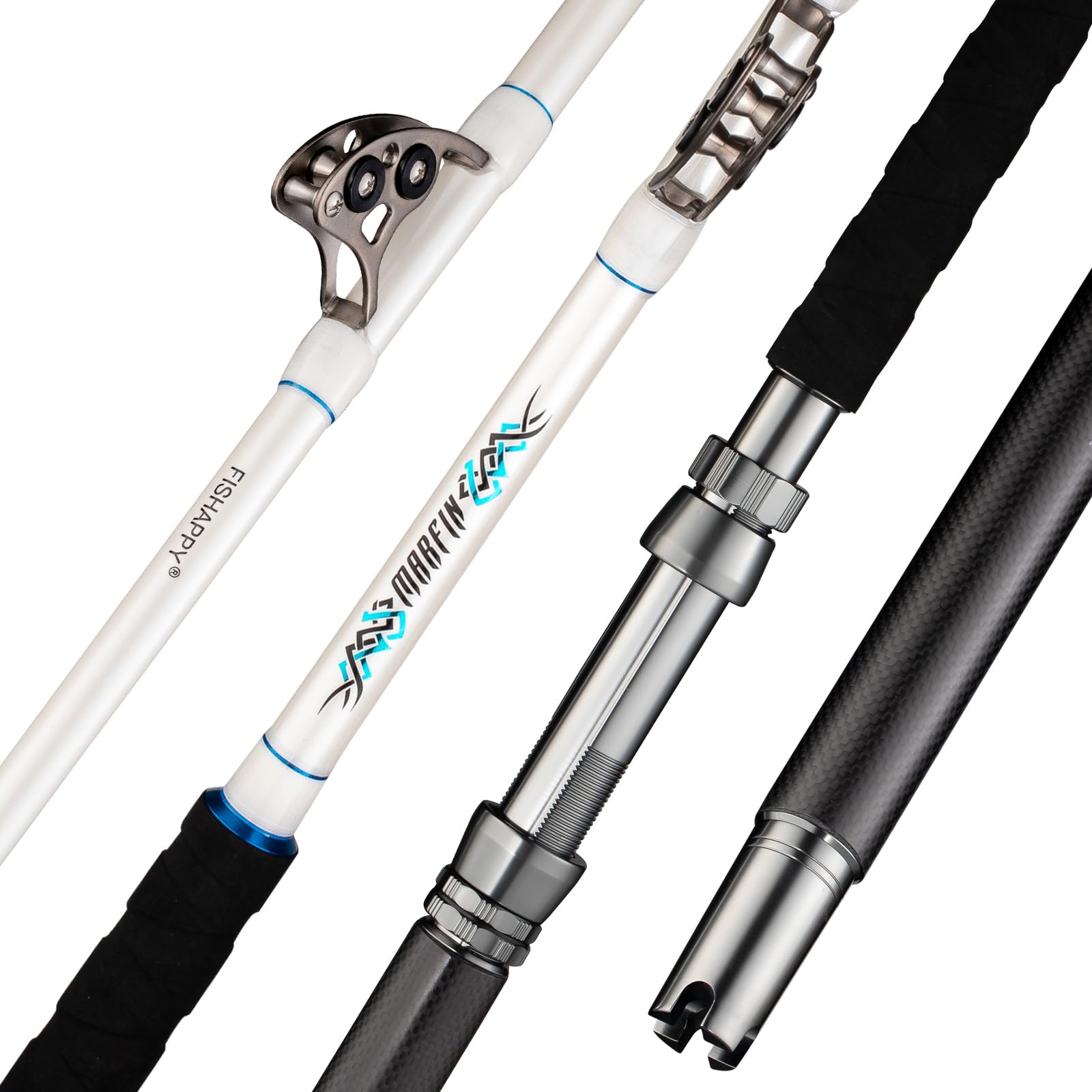 FISHAPPY trolling rod saltwater roller closeup shows corrosion-resistant rollers for offshore battles.