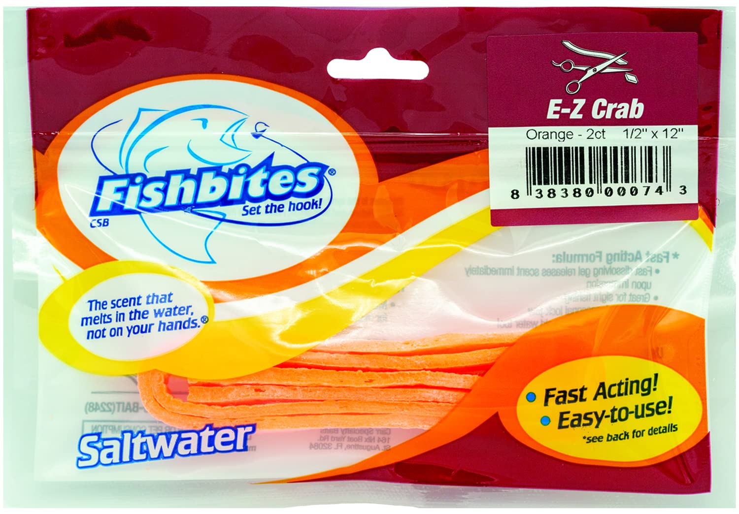Close-up of FishBites E-Z Crab orange bait strip showing fibers for secure hook hold