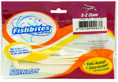 FishBites EZ Clam fast-acting bait shown as trailer for jig or skirt, versatile.