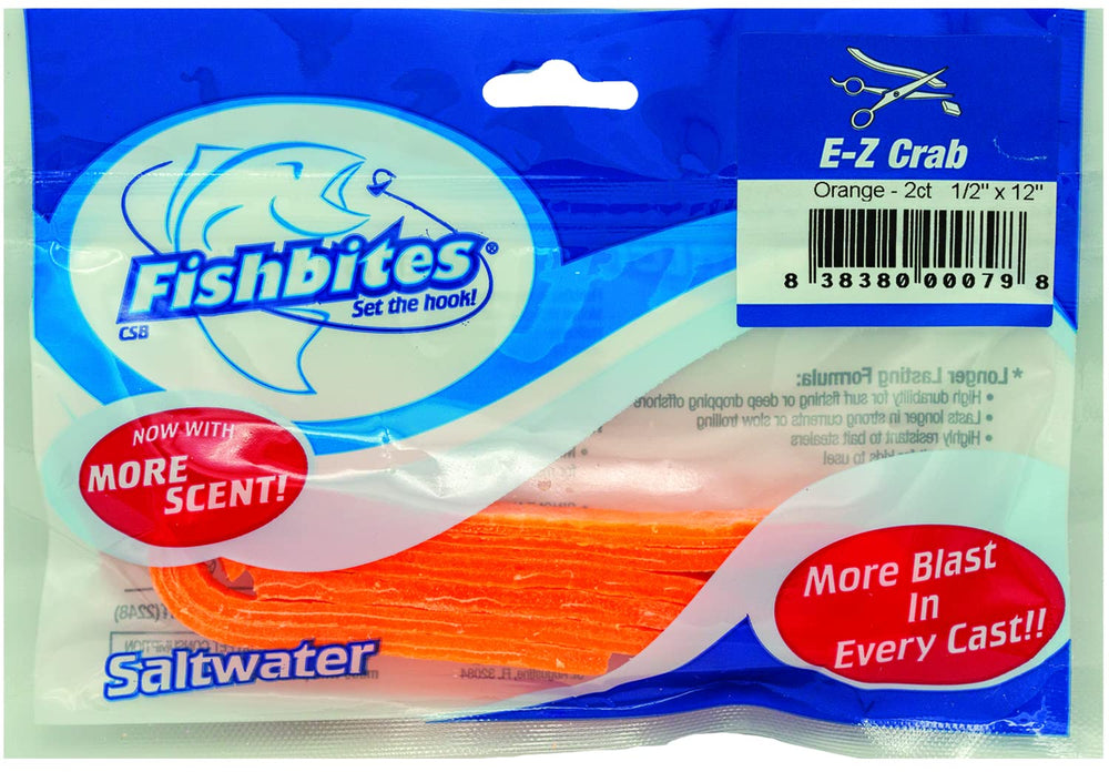 FishBites E-Z Crab orange bait strips with mesh stay on the hook from cast to bite.