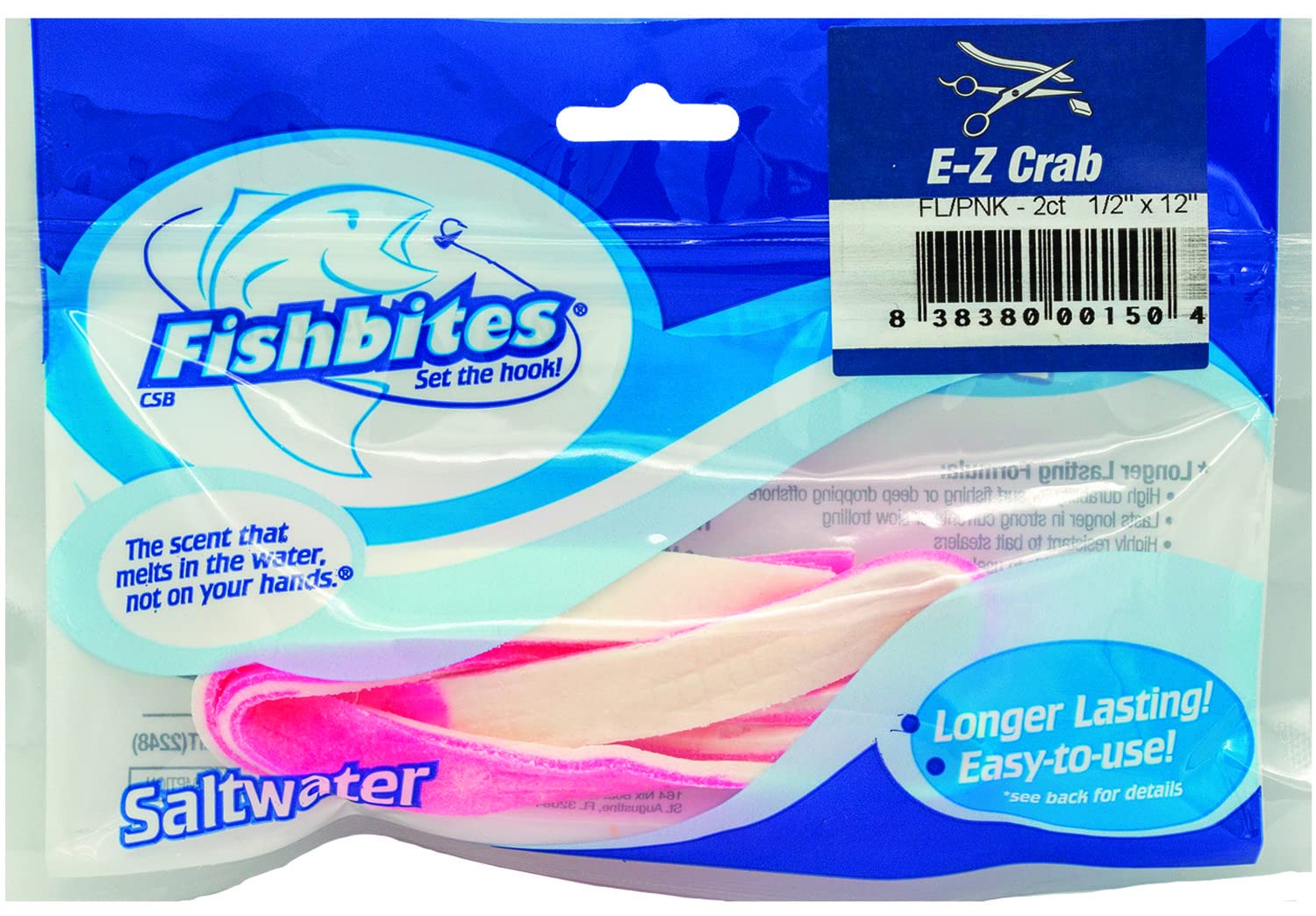 FishBites E-Z Crab longer lasting bait strip flesh pink, 12in, ready for reliable casting