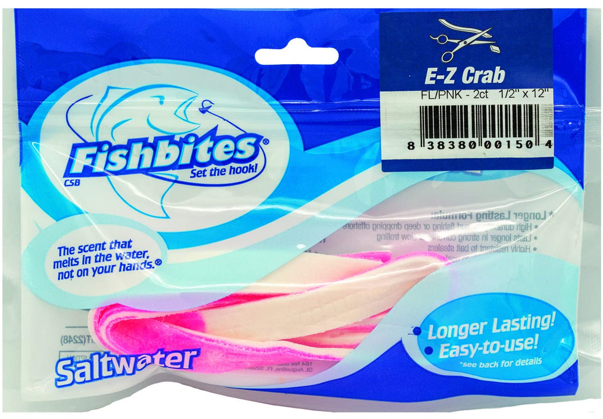 FishBites E-Z Crab longer lasting bait strip flesh pink, 12in, ready for reliable casting