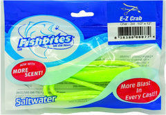 FishBites E-Z Crab chartreuse bait strip on hook for durable cast-after-cast action