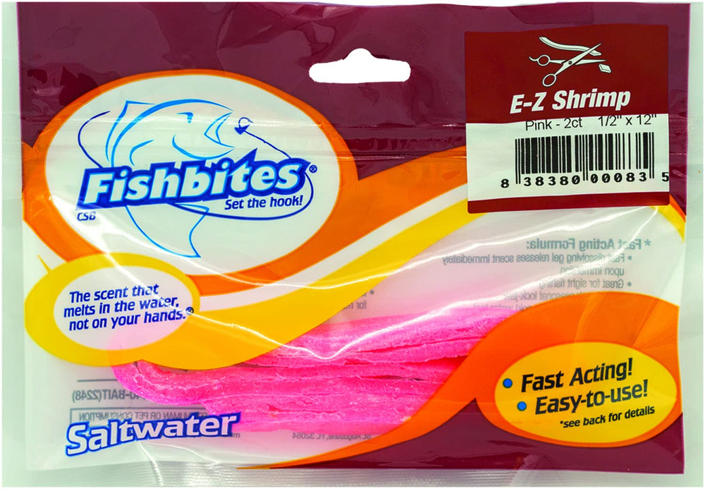 Fishbites E-Z Shrimp pink bait strip, 12 inches long, 1/2 inch wide for saltwater fishing
