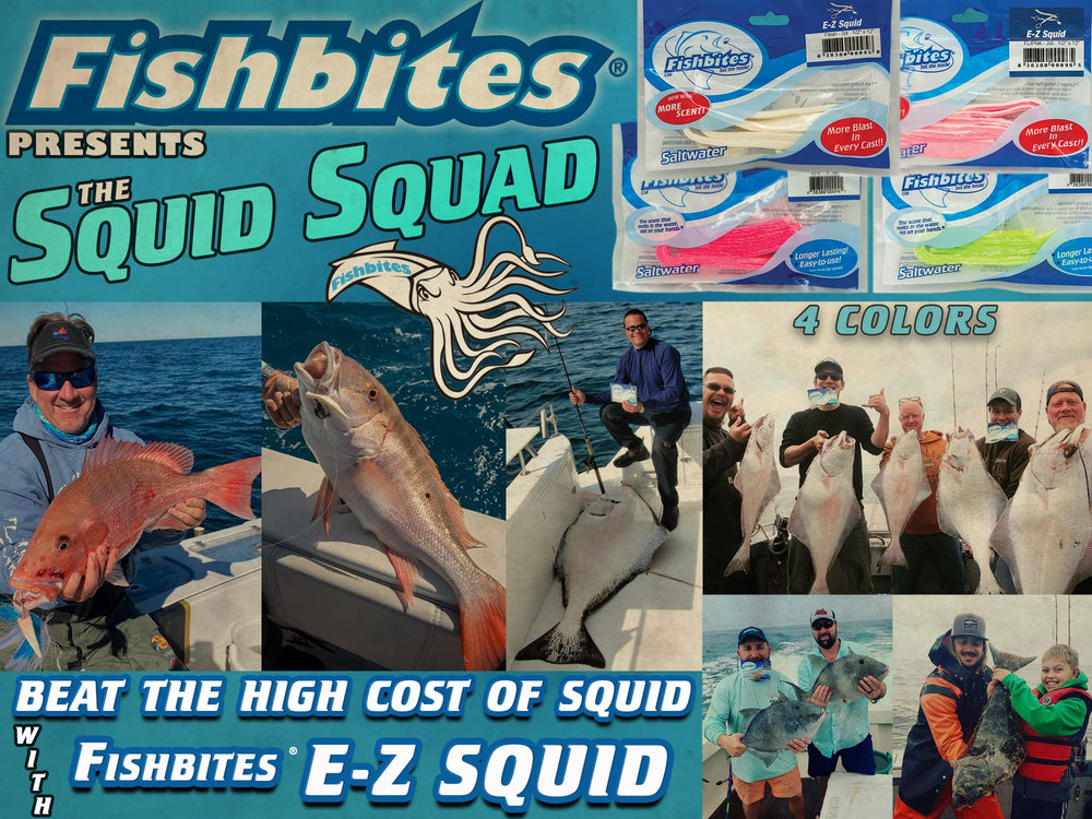 FishBites EZ-Squid bait strip on hook, ideal for offshore rigs and deep dropping.