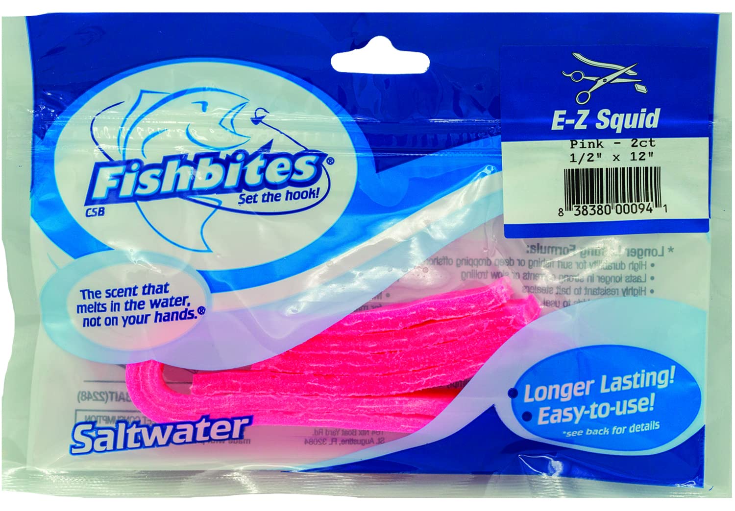 FishBites EZ-Squid longer lasting pink bait strip on hook for lasting catches.
