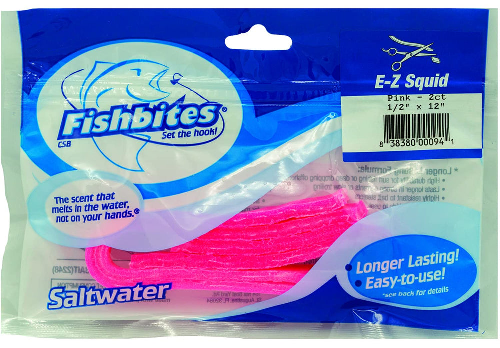 FishBites EZ-Squid longer lasting pink bait strip on hook for lasting catches.