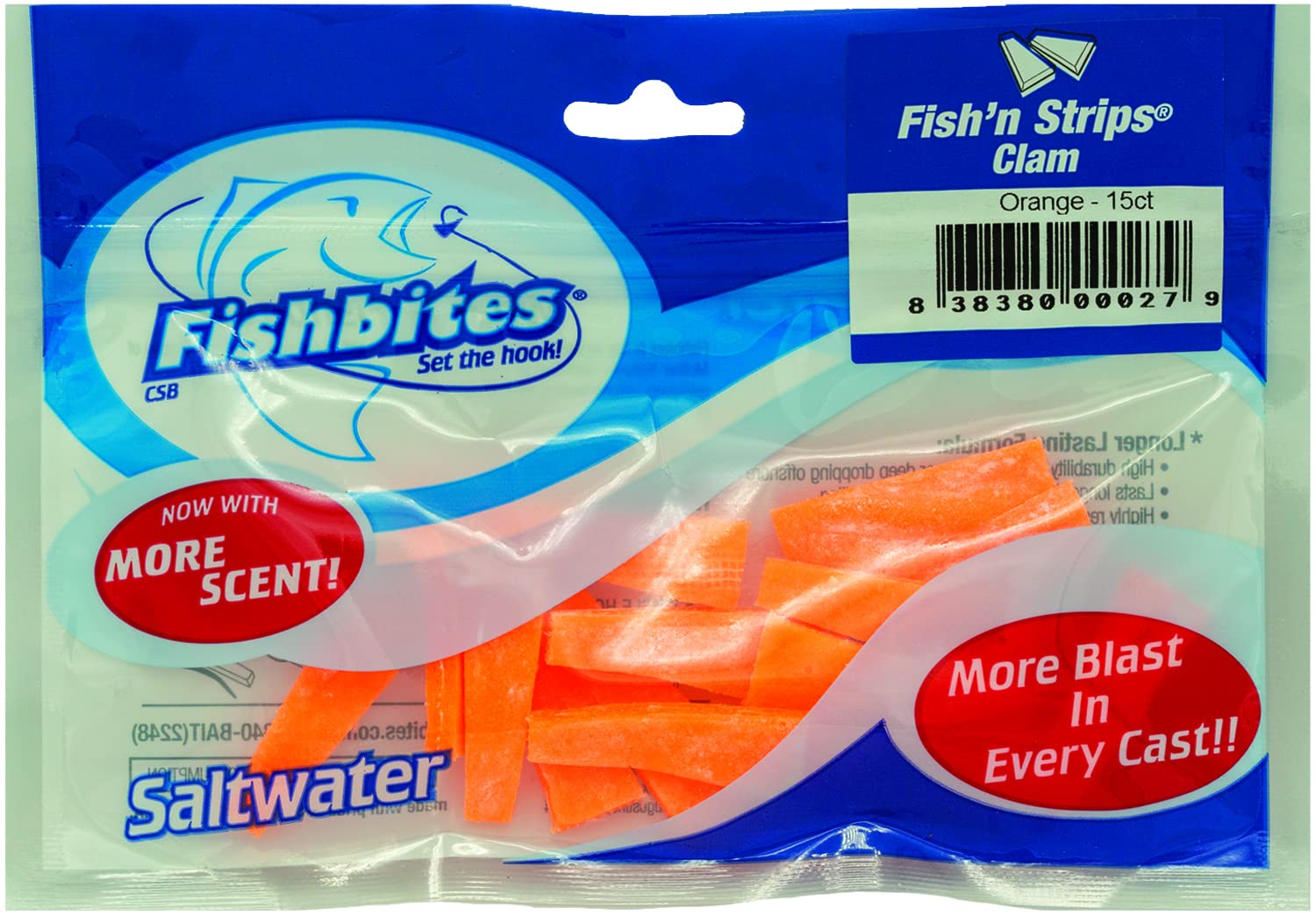 FishBites Fish'n Strips Clam Orange on a hook showing lasting water scent for attracting bites