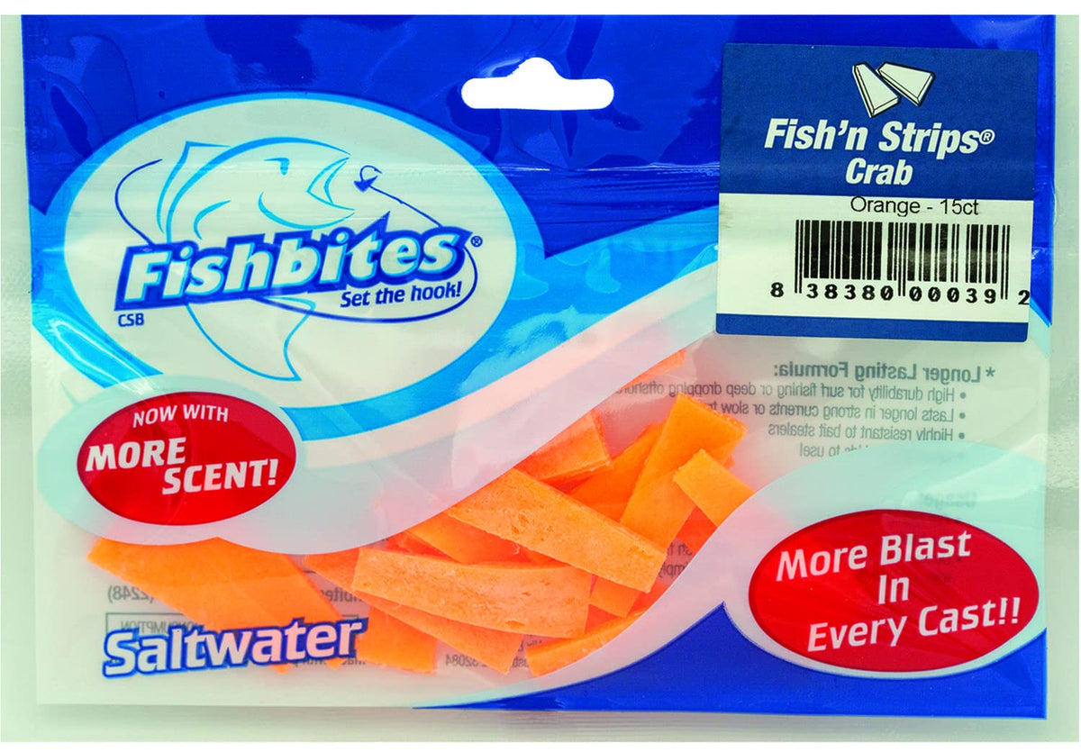 FishBites Fish'n Strips orange pennant bait on the hook delivers durable cast-after-cast action.