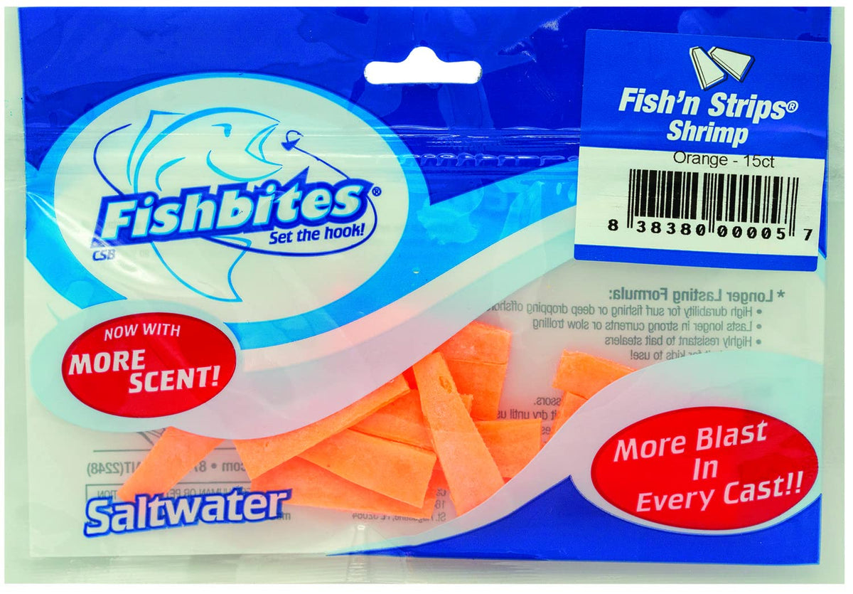 FishBites Fish'n Strips Shrimp Orange bait on hook, ideal for surf fishing and steady bites.