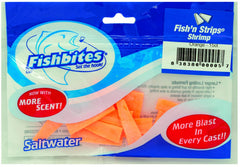 FishBites Fish'n Strips Shrimp Orange bait on hook, ideal for surf fishing and steady bites.