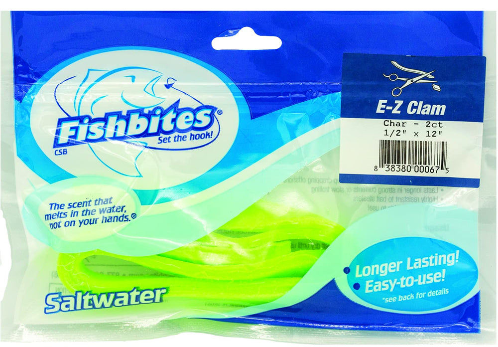 FishBites Longer Lasting E-Z Clam Chartreuse bait strip designed for durable hook hold in warm water.