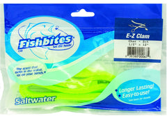 FishBites Longer Lasting E-Z Clam Chartreuse bait strip designed for durable hook hold in warm water.