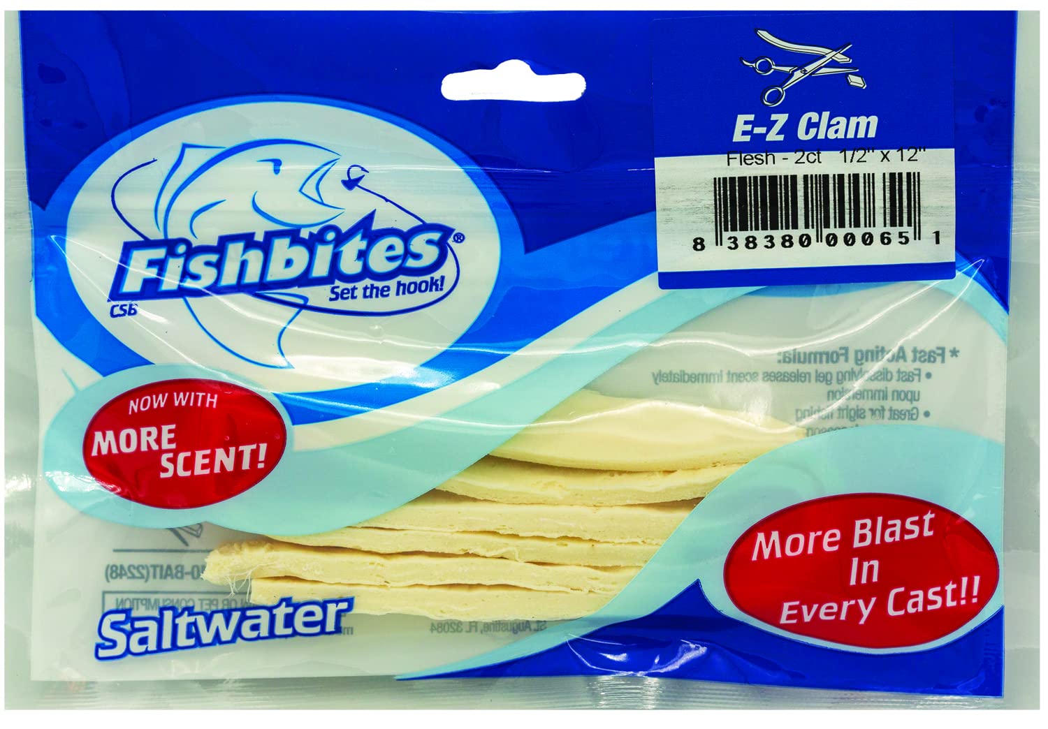 FishBites Longer Lasting E-Z Clam Flesh bait on hook stays secure for multiple casts