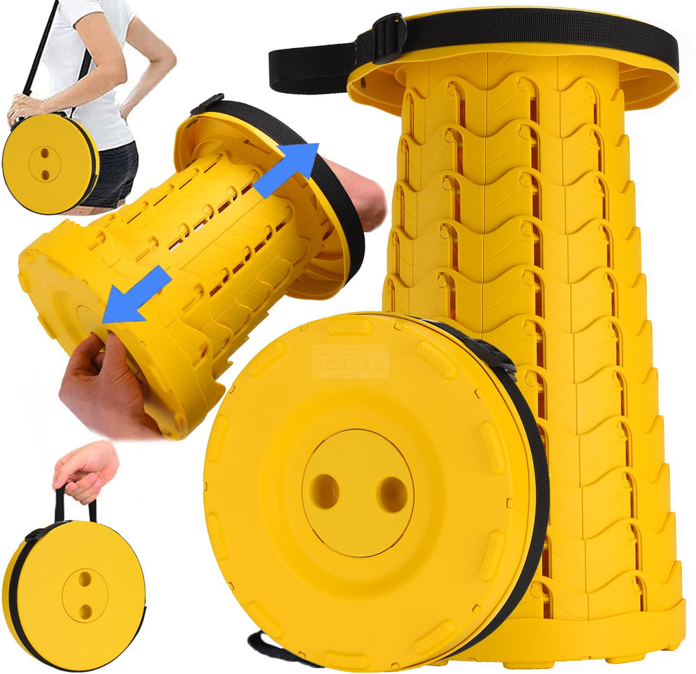Fishboy Upgraded Collapsible Stool in closed compact form for travel convenience.