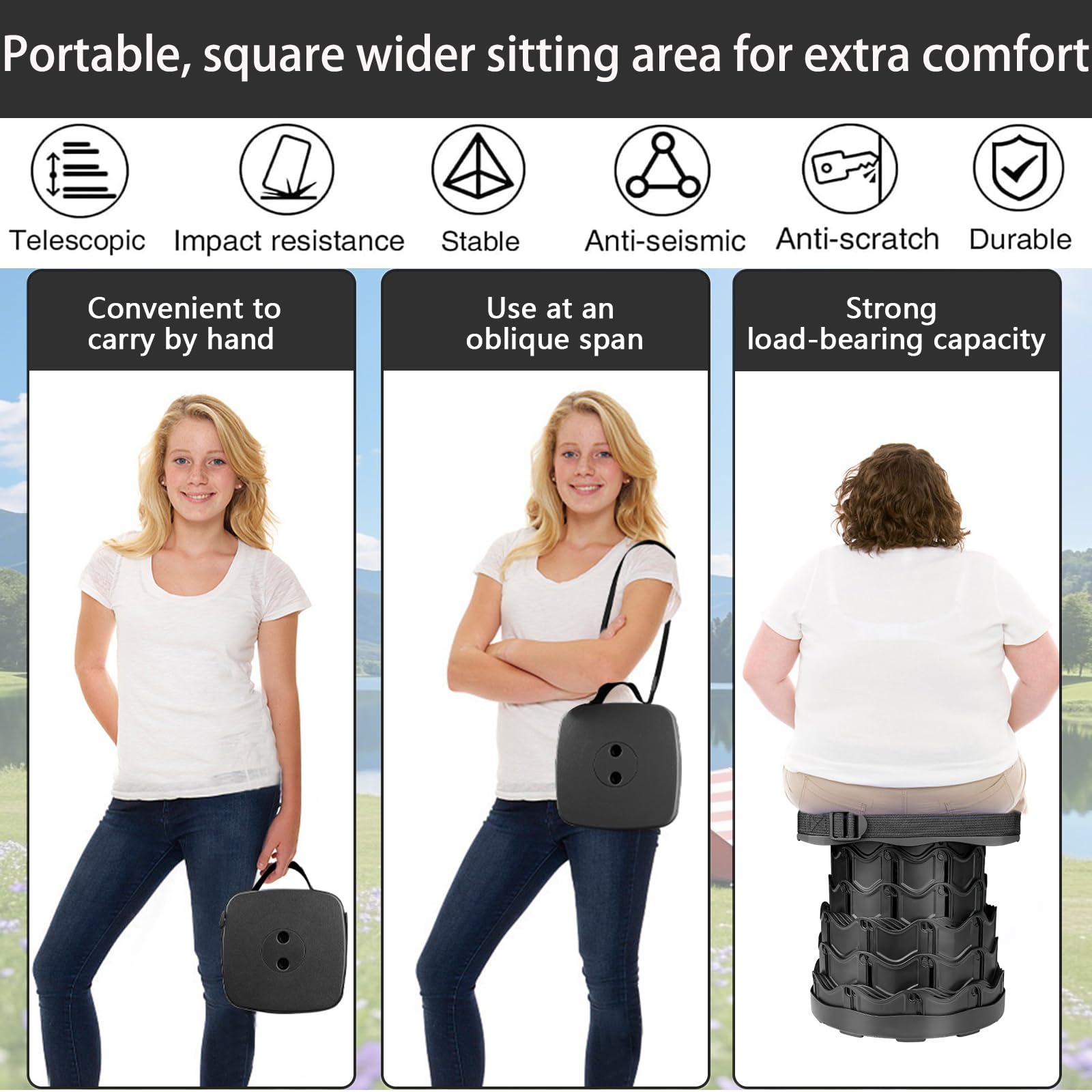 Fishboy Upgraded Square Collapsible Stool strap storage for easy carry.