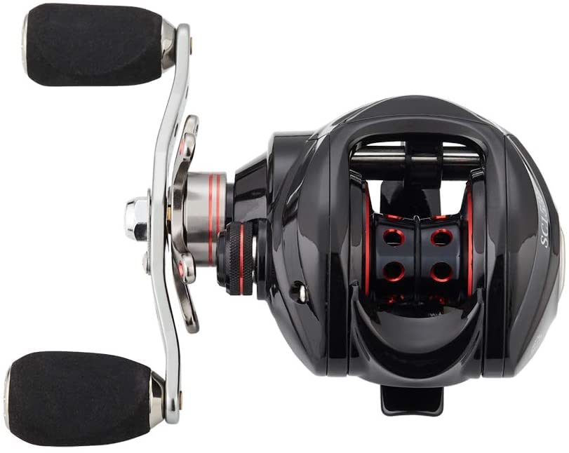 Blue and red design of Fishdrops baitcaster reel