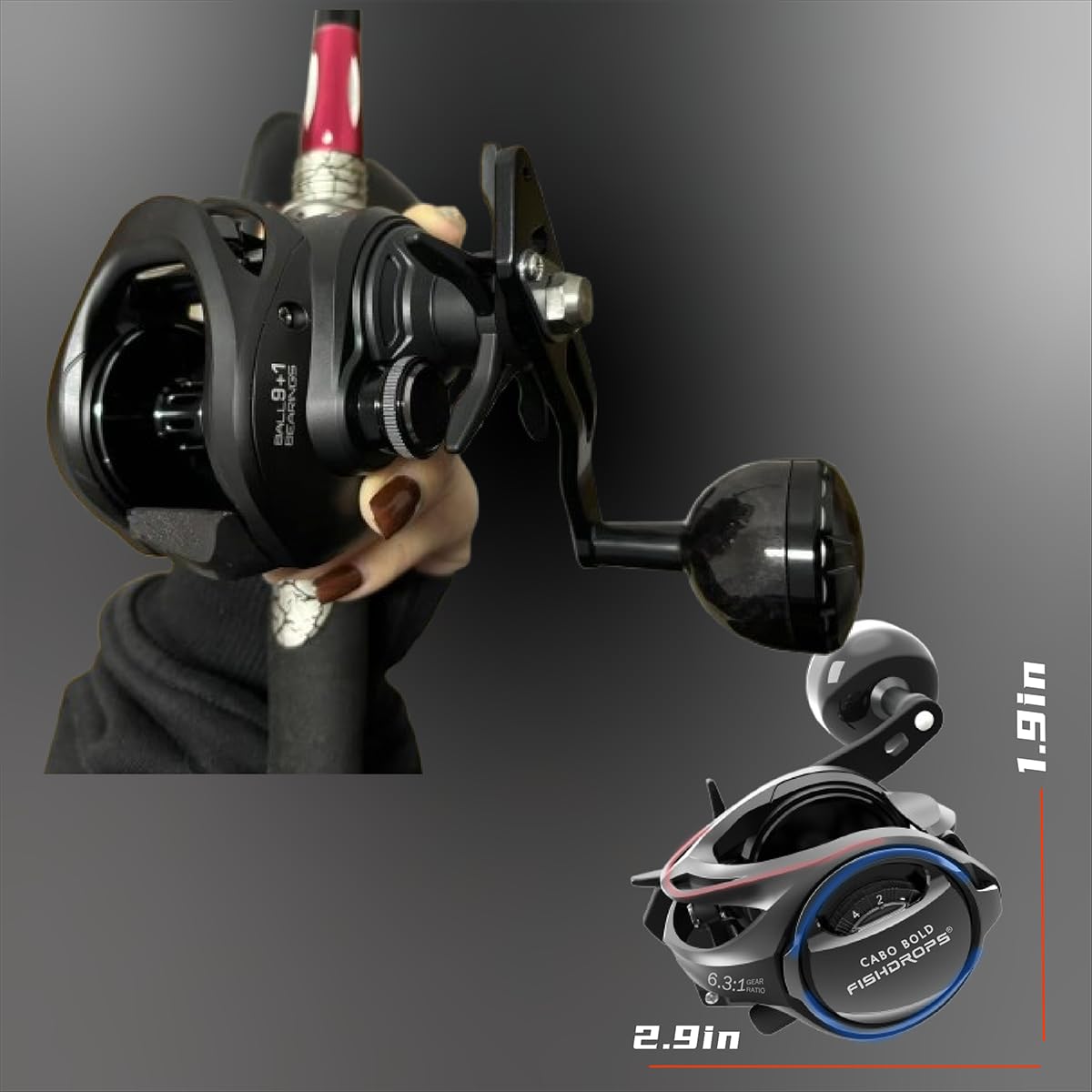 FISHDROPS baitcaster reel mounted on rod shows ready-to-fish setup.