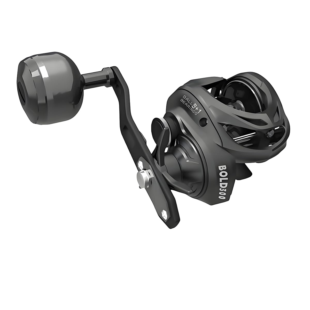 FISHDROPS baitcaster reel side view highlights lightweight carbon fiber construction for easy casting.
