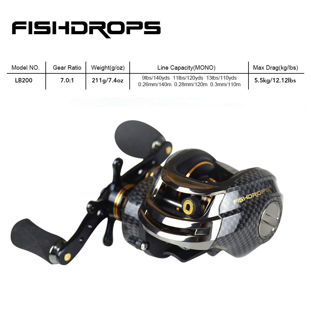 FishDrops baitcasting reel lightweight drag system for strong stopping power.