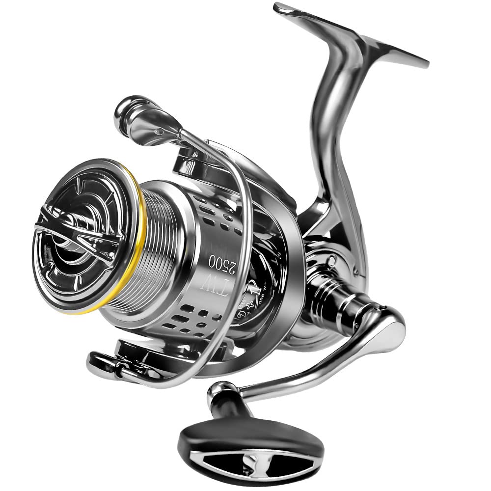 Fishdrops saltwater spinning reel body shows a durable aluminum frame for saltwater resilience.