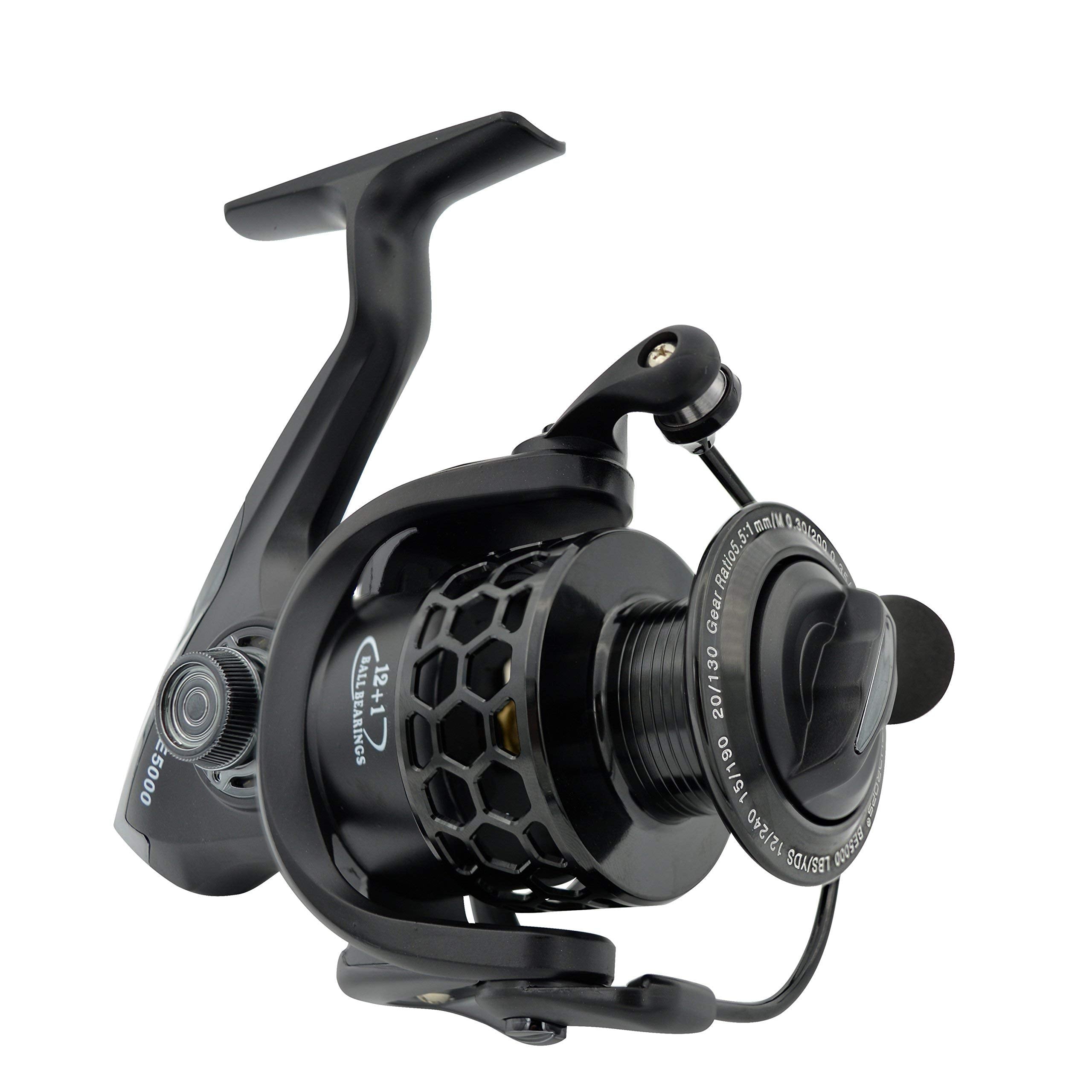 Fishdrops spinning reel exterior front view highlights ergonomic design for smooth handling.