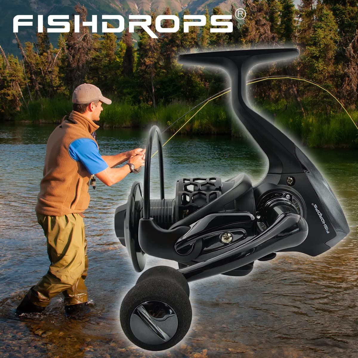 Fishdrops spinning reel left/right interchangeable handle with EVA grip for comfortable control.