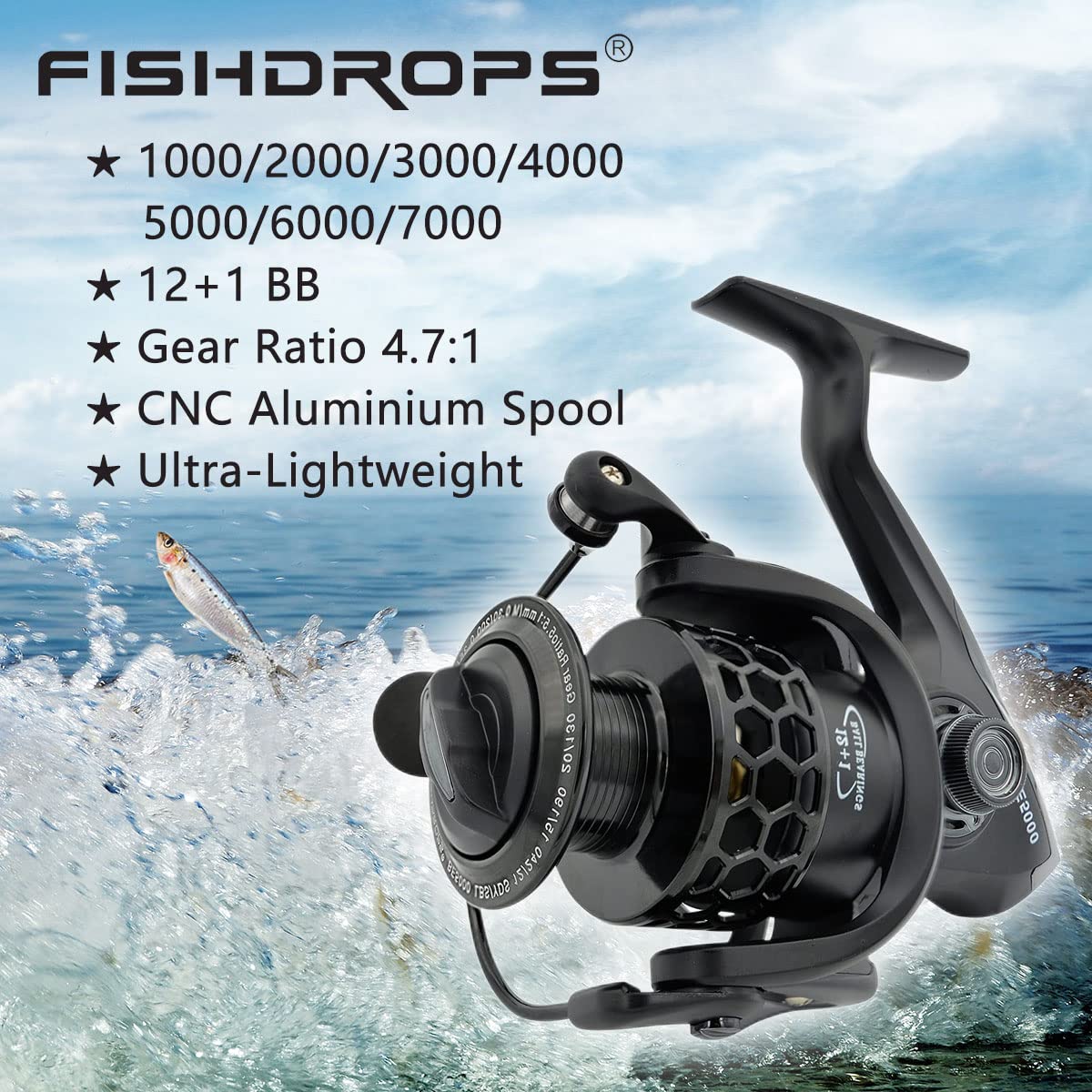 Fishdrops spinning reel carved honeycomb spool detail emphasizes CNC precision.